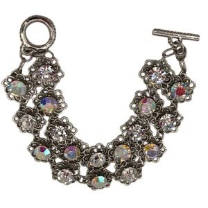 Aurora Borealis Crystal bracelet toggle closure silvertone link jewelry Bling 8”